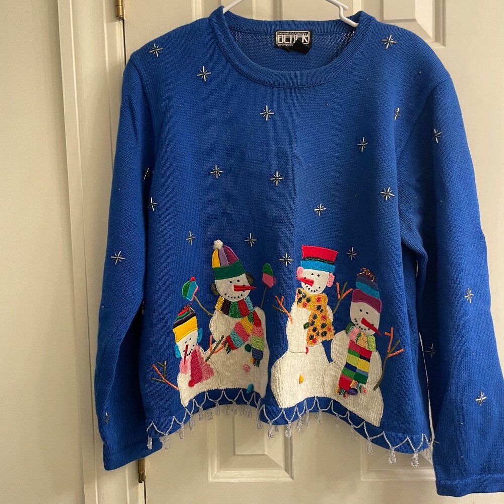 Vintag Berek Blue Snowman Beaded Ugly Christmas Sweater